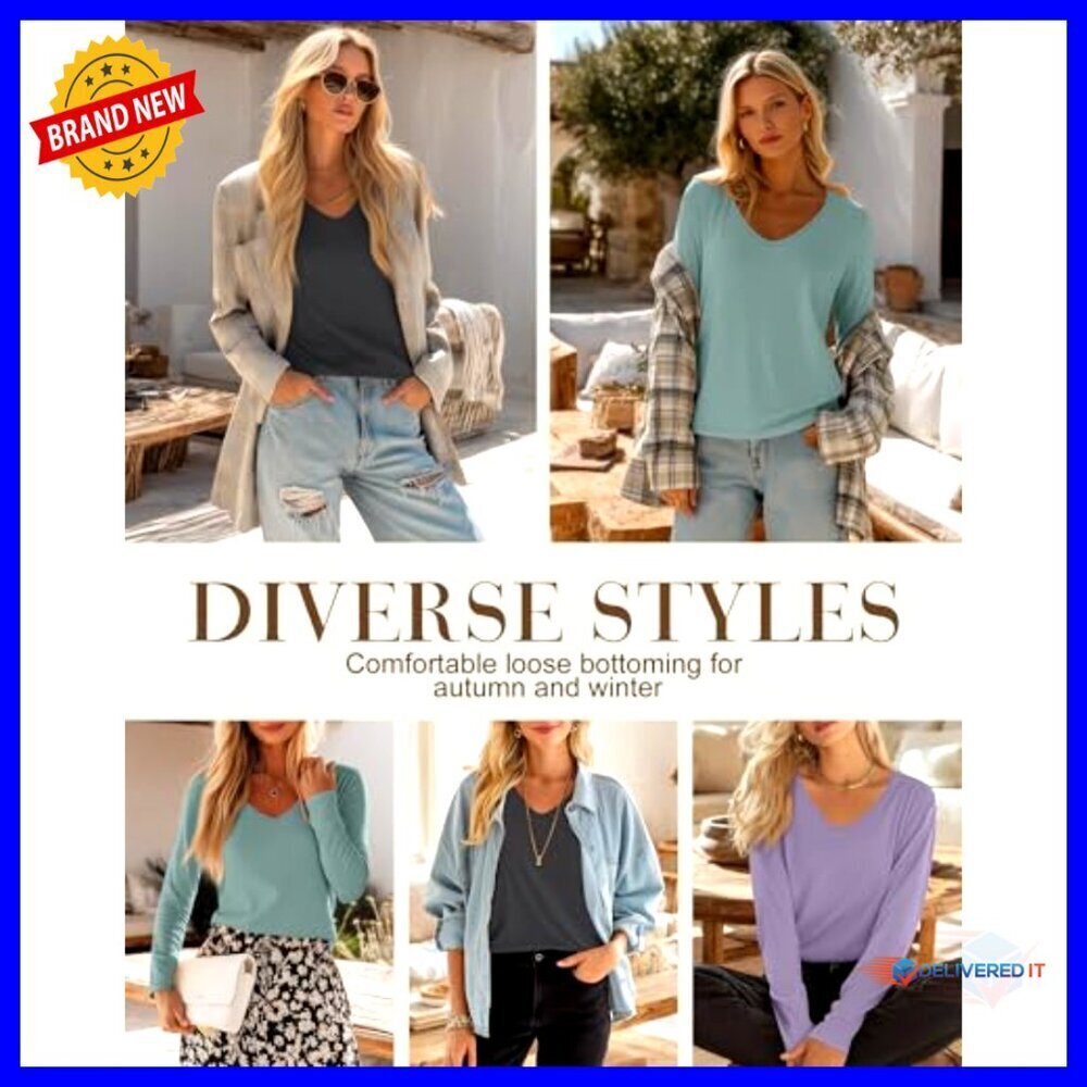 Long Sleeve V Neck Tops Loose Fit Casual Minimal Chic Fall Basic Tees - Picture 3 of 7